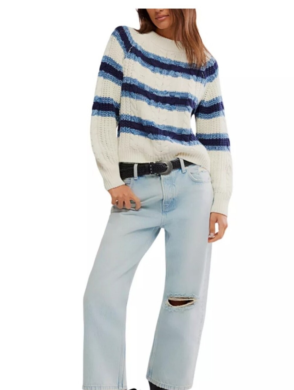 NWT Free People Frankie Striped Cable Pullover In Ivory